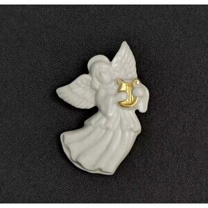 Vintage Signed LENOX White & Gold Porcelain Angel Brooch Pin Harp Lyre Christmas